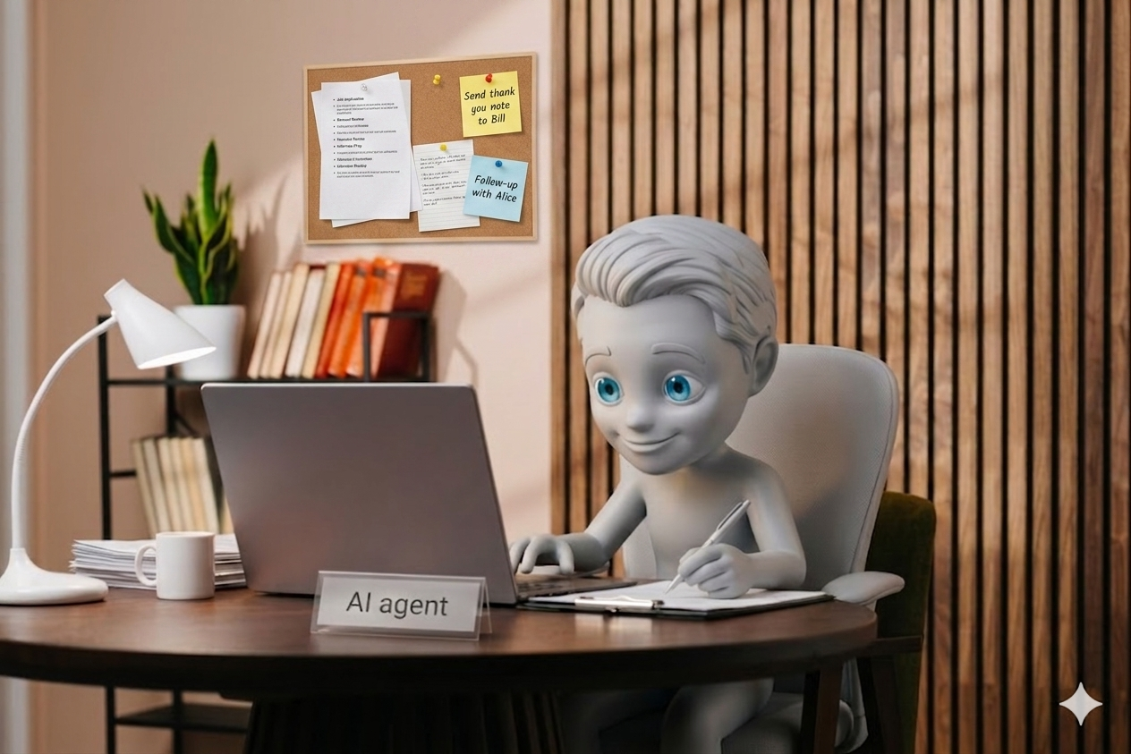 A 3D figurine of an AI assistant at a desk covered in job applications and follow-up notes.
