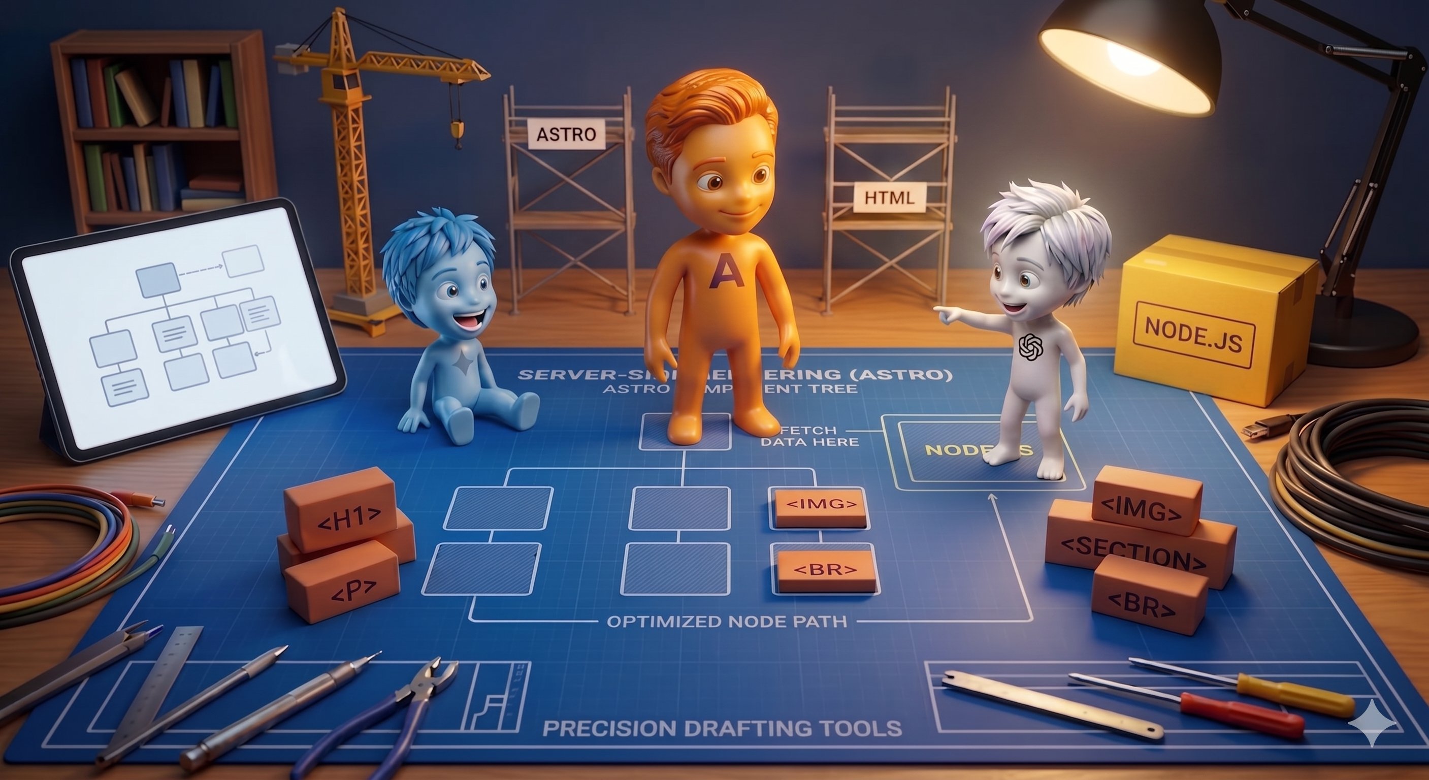 Small AI-assistant figures building a website from labeled HTML blocks on an Astro component-tree blueprint.