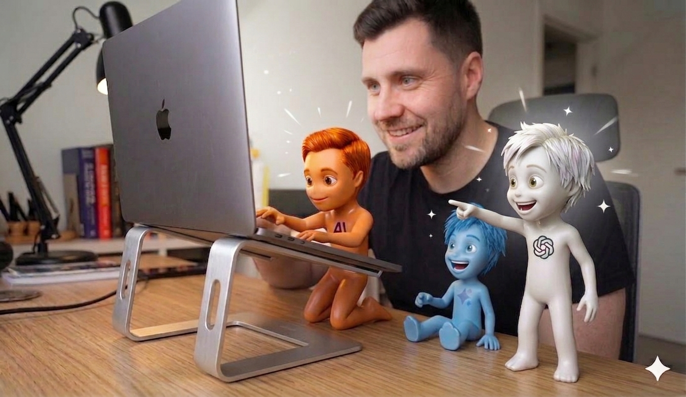 Small AI-assistant figures building a website together at a blueprint-covered desk.