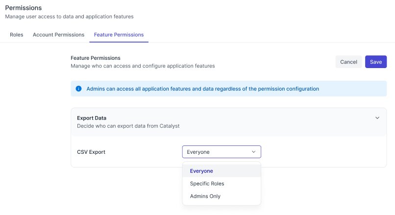 Feature Permissions configuration showing CSV Export with permission level dropdown