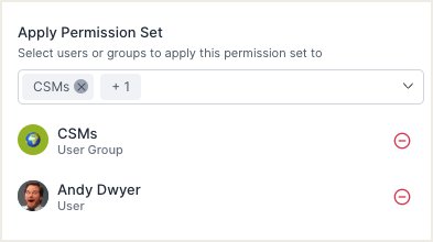 Apply Permission Set panel with CSMs user group and Andy Dwyer user selected