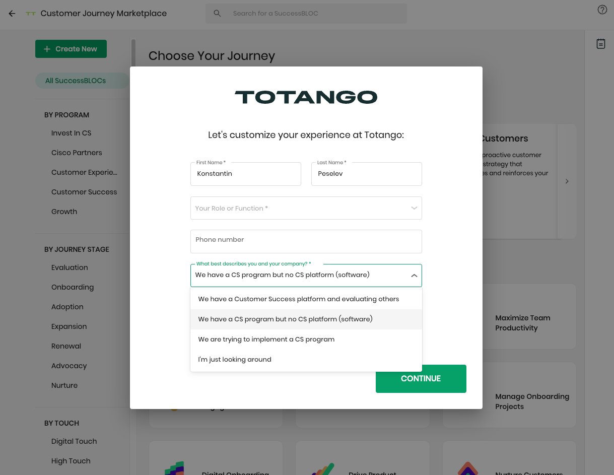 Intent-capture dialog during Totango setup