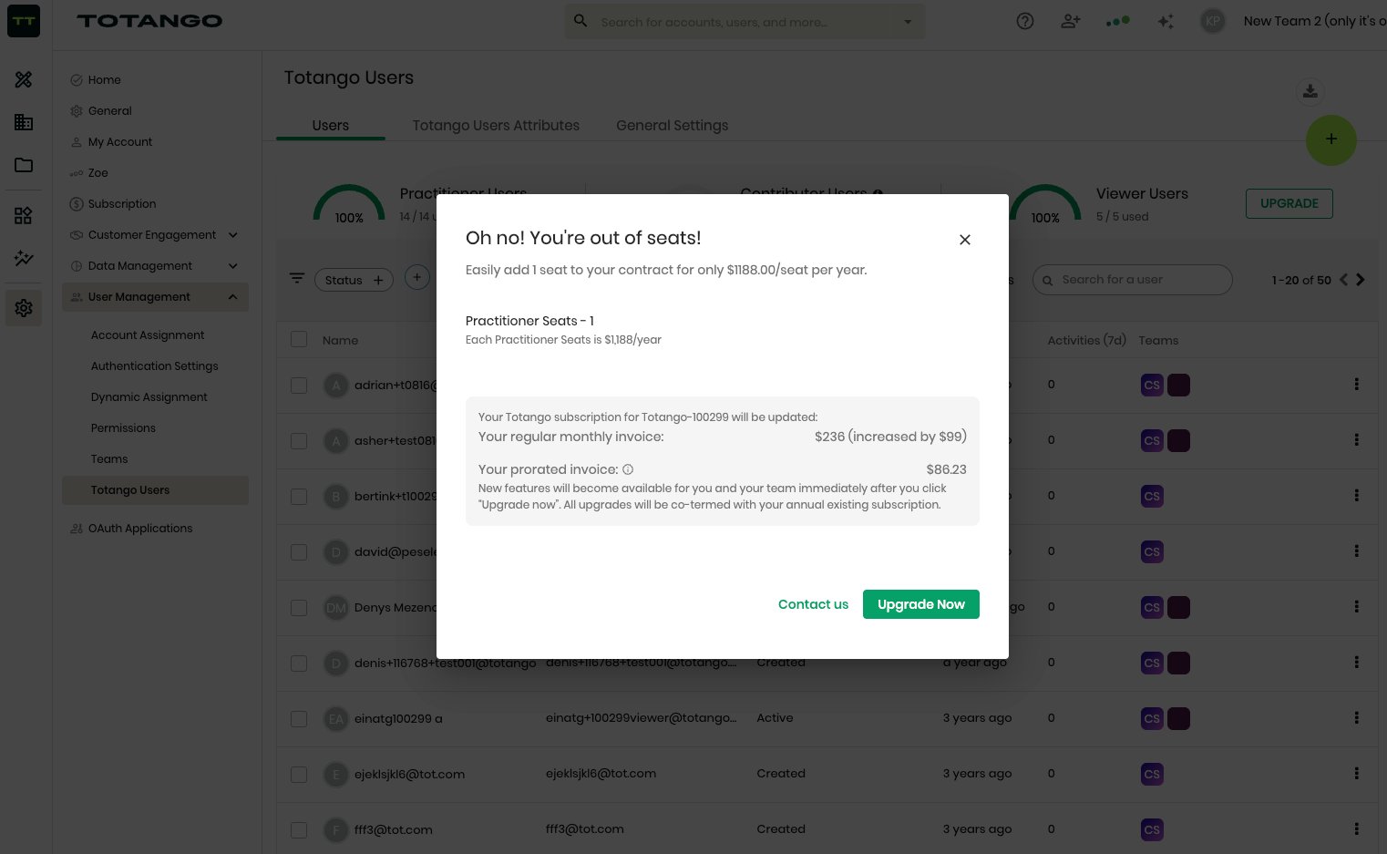 Out-of-seats prompt with prorated invoice and one-click upgrade